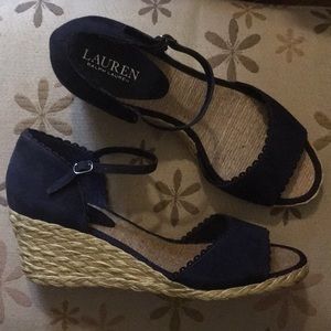 Ralph Lauren Chrissie Navy Blue Wedge Heels 10